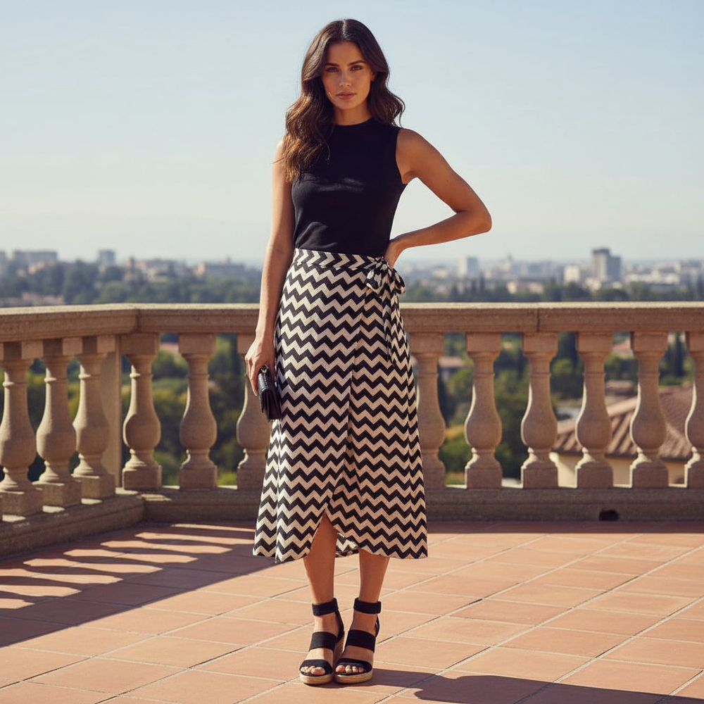 Urban Romantics Chevron Print High Waist Black Cream Wrap Skirt Women’s Medium